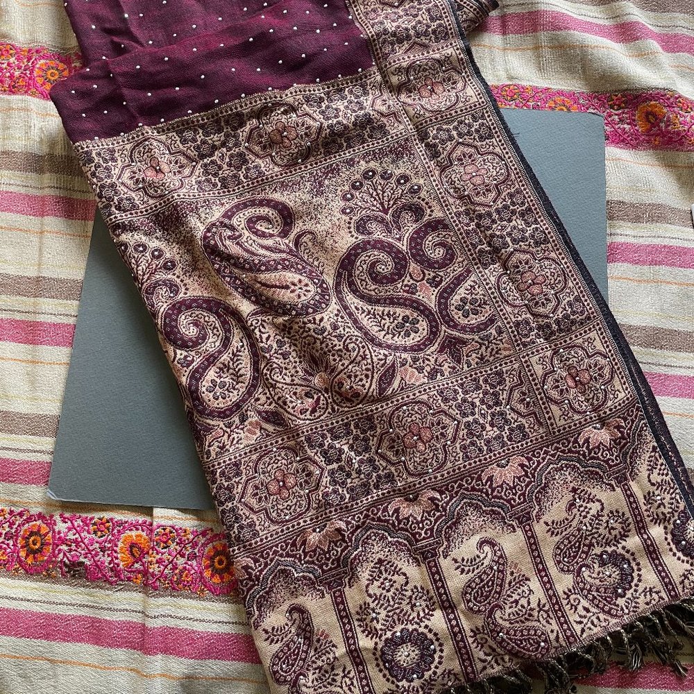 Purple and brown paisley pashmina scarf shawl wrap with diamantes rhinestones